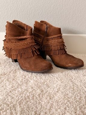 Naughty Monkey In Lyne Brown Leather Fringe Ankle Boots